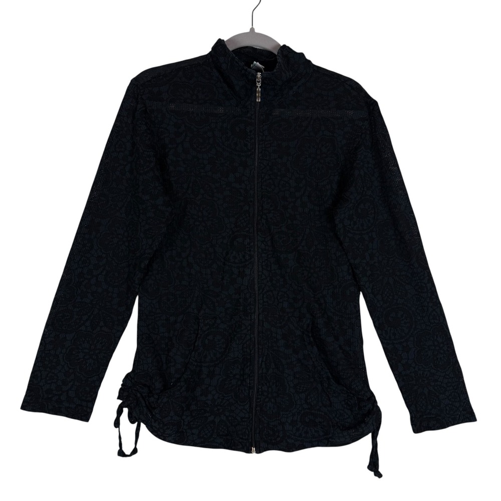 Toppy Jacket Womens Medium Black Floral Knit Full Zip Drawstring Hem Lightweight
